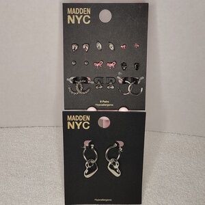 Madden NYC Women's Earings Bundle Silver Heart Hoop + 9 Bow HuggieHypoallergenic